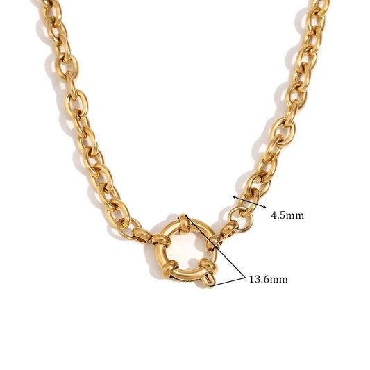 Gold chunky link chain necklace with a circular open-link clasp, shown on a white background with measurement annotations indicating 4.5mm link width and 13.