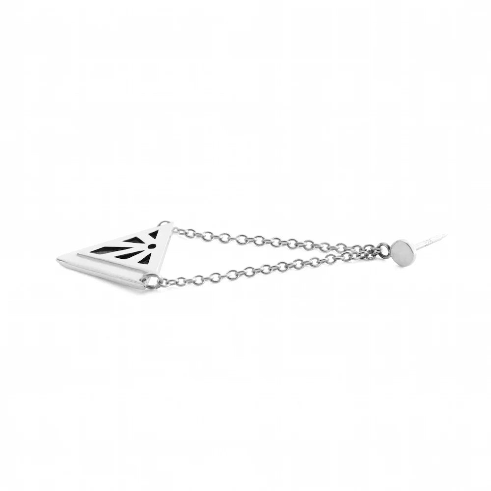 A silver Rise earring laying on its side, displayed on a clean white background.