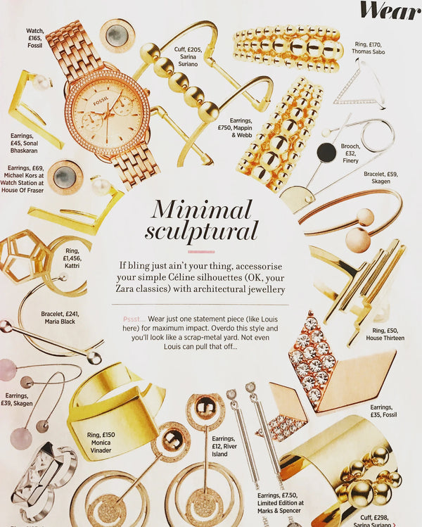 A fashion editorial collage titled 'Minimal sculptural' featuring multiple gold-toned jewellery pieces and watches arranged around a central text block on a white background, with labels naming brands and product prices. The Stack Ring is featured