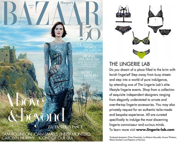 A magazine-style promotional layout for lingerie. The left side shows a fashion cover with a woman in a sheer blue patterned dress and large 'BAZAAR' masthead.