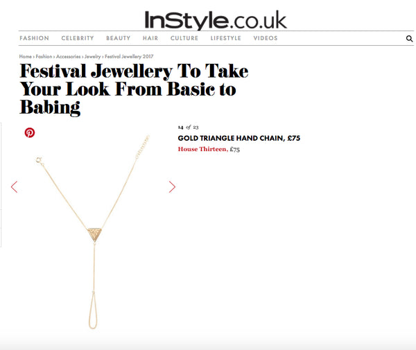 A webpage screenshot from InStyle.co.uk about festival jewellery. It features our gold Rise hand chain