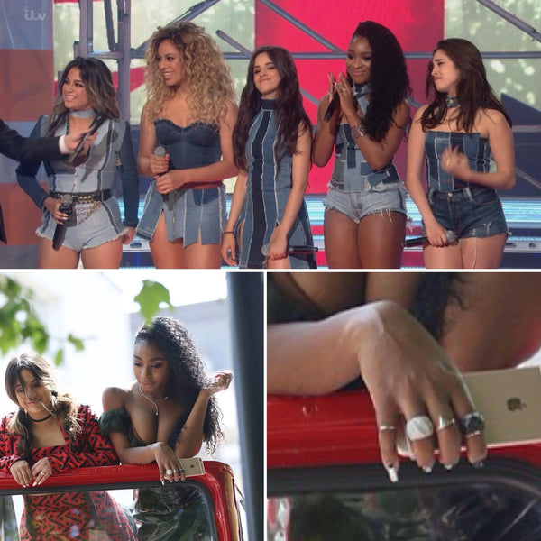 A three-panel collage showing a group of women, Fifth Harmony, on a stage and outdoors, with a close-up of a hand wearing multiple silver rings.