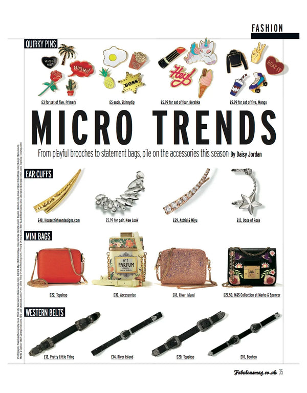 A fashion magazine page titled 'MICRO TRENDS' showing multiple accessory products arranged in rows, including pins, earrings, mini bags, and western belts, with small price labels and brand names beneath each item. This page is from Fabulous Magazine