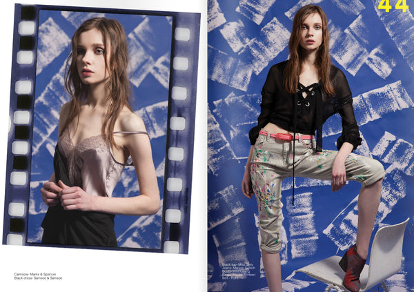 A fashion editorial-style split image featuring a young woman posed against a blue graphic background. The left panel shows her wearing a sheer mauve camisole and black skirt, framed like a film strip.