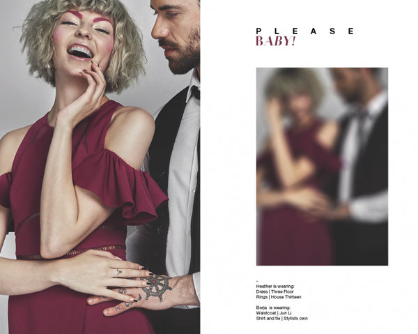 A fashion magazine-style spread featuring a woman in a deep burgundy ruffled dress on the left and a small out-of-focus inset photo on the right with the text 'PLEASE BABY!'.
