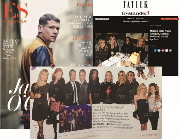 A collage of printed magazine and website pages featuring people, with prominent text including 'ES magazine' and 'TATLER Bystander'. One of the clippings shows the four members of All Saints at a performance wearing House Thirteen jewellery. 