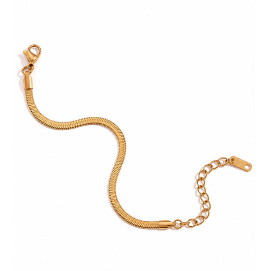 A gold herringbone snake chain bracelet with a lobster clasp and an adjustable chain extension link, displayed on a clean white background.