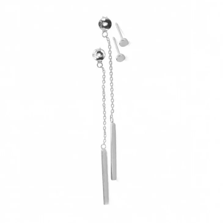 A pair of silver dangle earrings with a short chain, a small circle stud, and two slim cylindrical bar drops, shown on a plain white background with two loose post pieces.