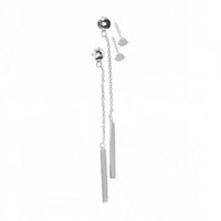 A pair of silver dangle earrings with a short chain, a small circle stud, and two slim cylindrical bar drops, shown on a plain white background with two loose post pieces.