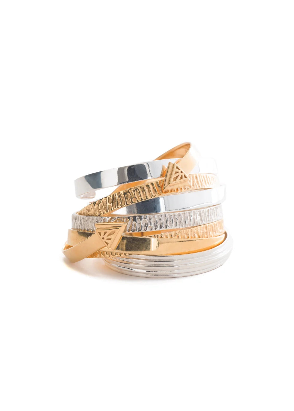 A stack of five 9 bangles in both silver and gold, stacked together on a clean white background.