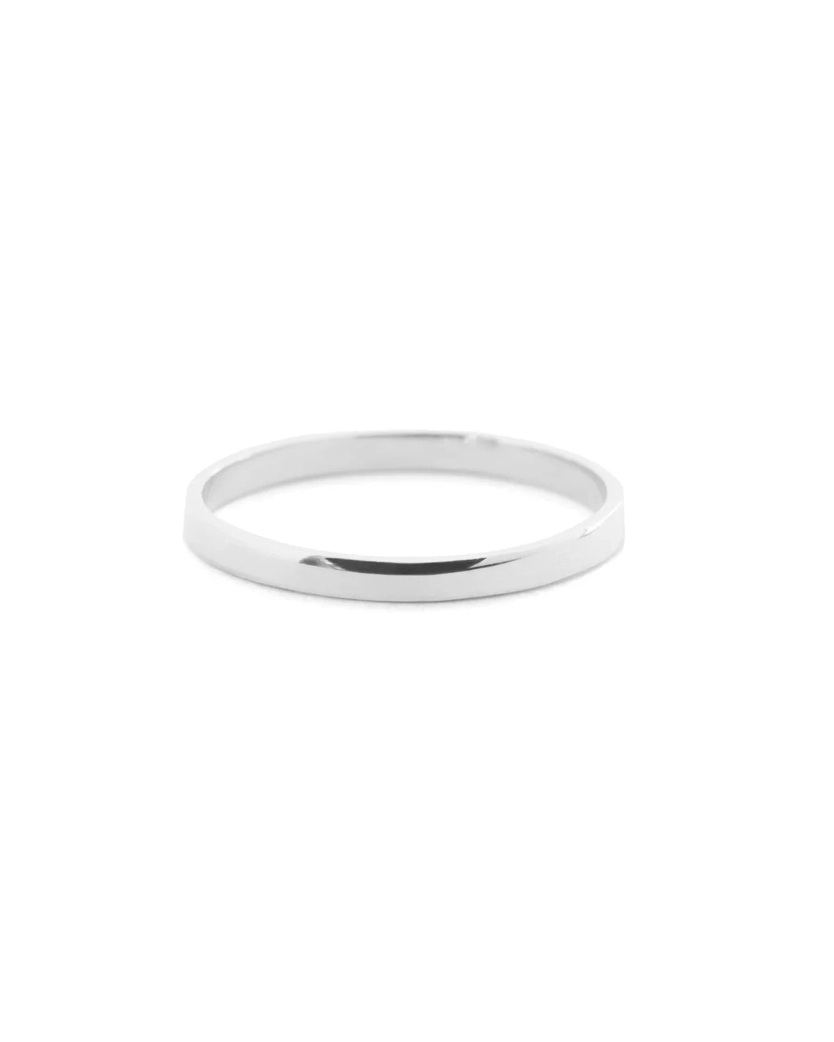 Plain polished silver ring band on white background 