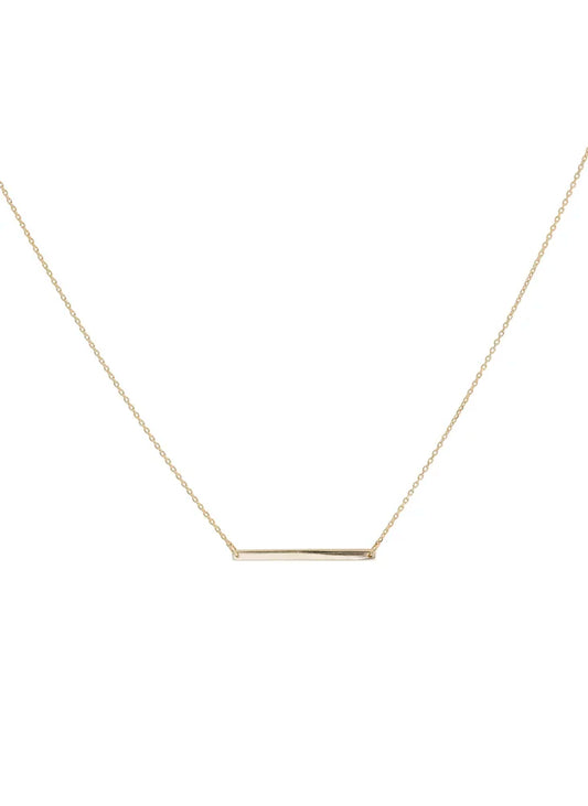 A delicate gold bar necklace with a thin horizontal bar pendant on a fine chain, shown against a plain white background.