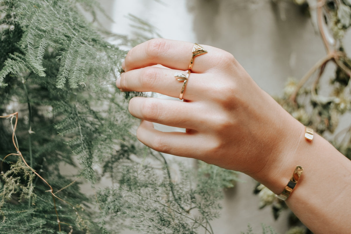 A close-up of a hand wearing two gold rings and a gold bangle, set against a soft-focus background of green foliage and a neutral wall.