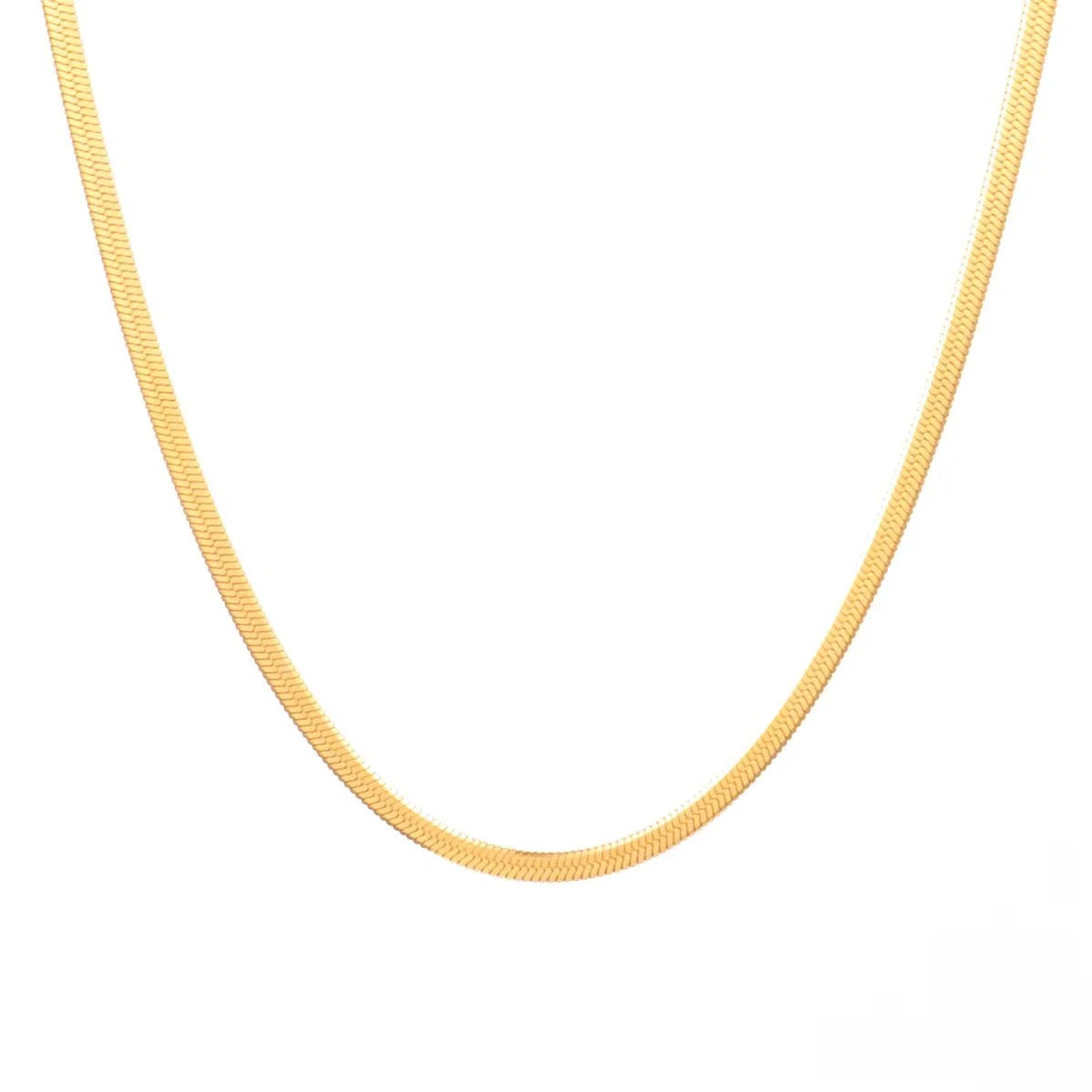 A close-up of a gold-toned herringbone chain necklace on a plain white background.