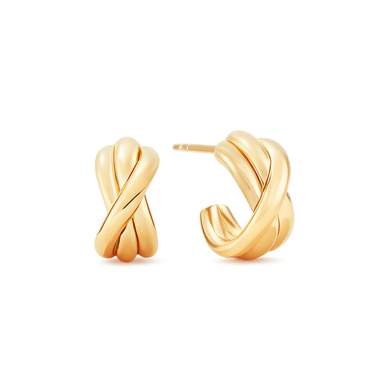 A pair of gold Woven hoop earrings with a twisted knot design, shown from two angles on a clean white background.