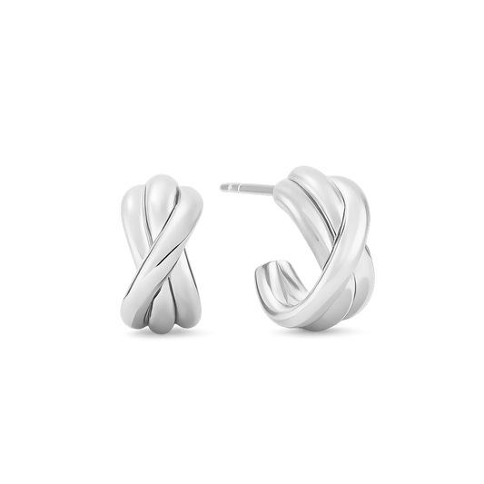 A pair of polished silver hoop earrings with a twisted knot design, shown from both front and side angles on a clean white background.