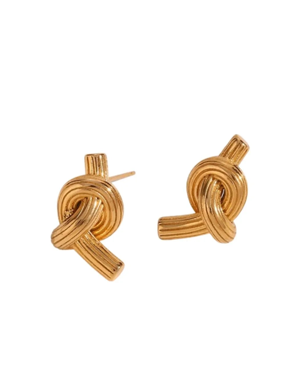 A pair of gold-toned knot stud earrings with a textured, ribbed finish, shown on a plain white background.