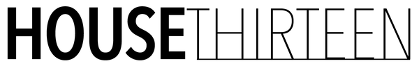 The logo for 'HOUSE THIRTEEN' in a stylized black font, with 'HOUSE' in solid black and 'THIRTEEN' outlined in white.