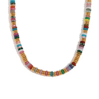 Multicolored beaded necklace on a white background