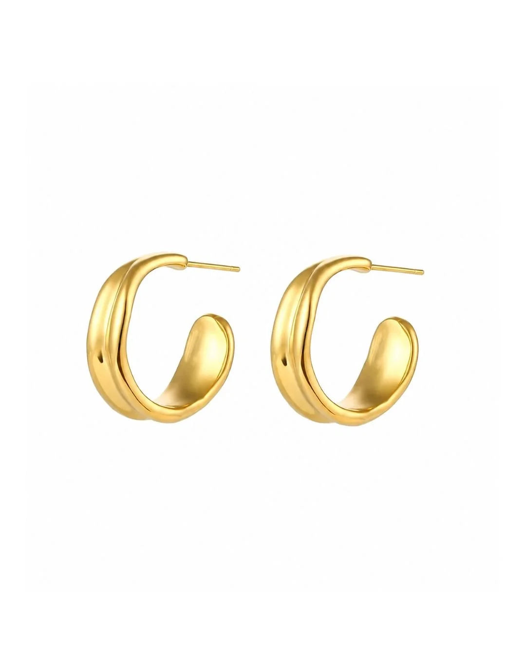 A pair of gold-toned, Molten hoop earrings with a polished finish and post backs, displayed against a solid white background.