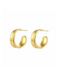 A pair of gold-toned, Molten hoop earrings with a polished finish and post backs, displayed against a solid white background.