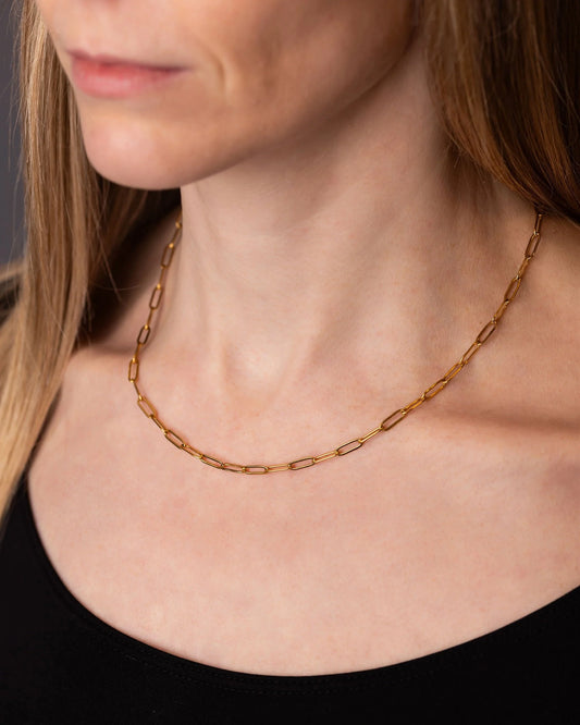 A close-up of a woman wearing a delicate gold paperclip chain necklace, showing the necklace against her neck and collarbone.