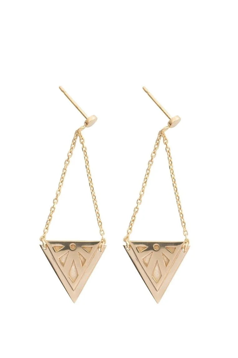 A pair of gold Rise drop earrings featuring triangular stylised sun pendants, suspended from delicate chains on a plain white background.