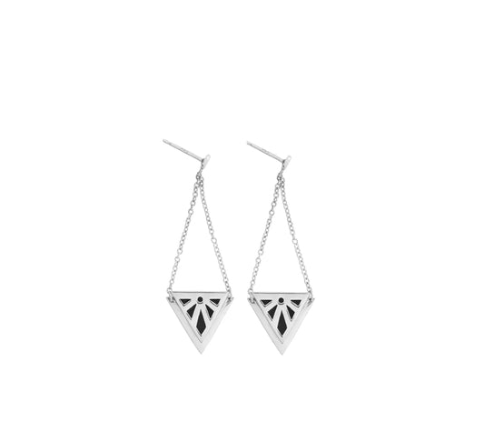 A pair of silver drop earrings featuring a triangular pendant with an engraved art deco sunrise  pattern, suspended from a delicate chain on a solid white background.