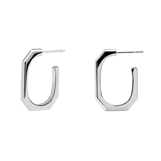 A pair of silver-toned geometric hoop earrings with a modern square design, shown against a plain white background.