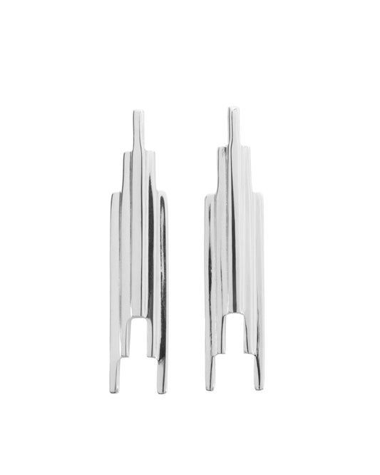 Art Deco geometric Stack earrings with gradated design. Gold on white background 