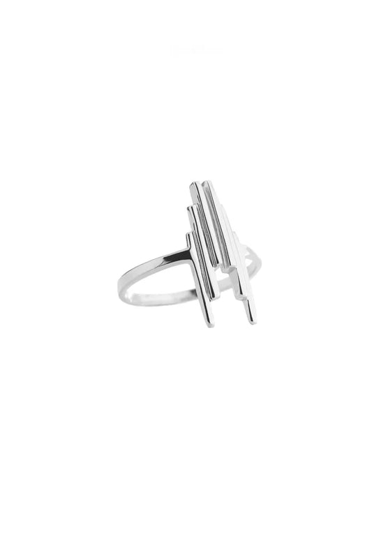 A silver open ring featuring three parallel vertical bars gradated in an art deco style, set against a plain white background.