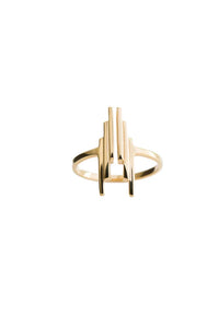 A gold ring with a minimalist, open geometric design featuring vertical bars, shown on a plain white background.