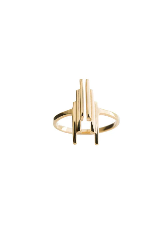A gold ring with a minimalist, open geometric design featuring vertical bars, shown on a plain white background.