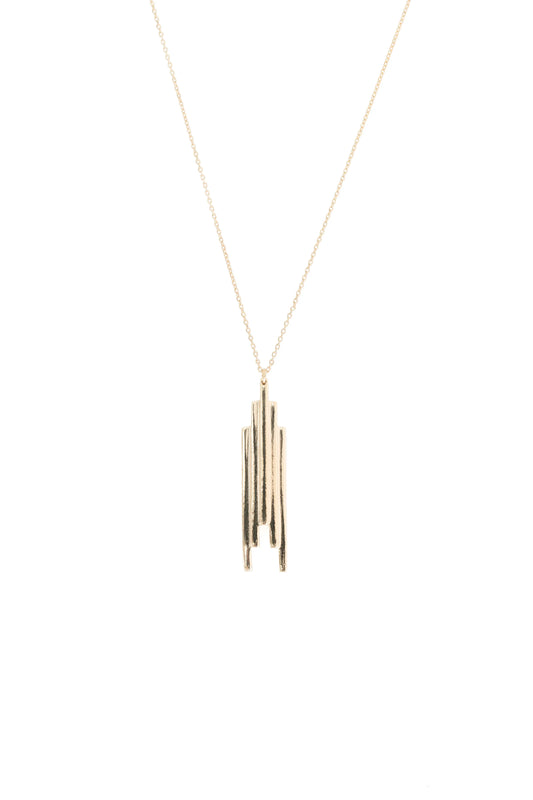 Geometric gradated design of the gold Stack necklace on a long gold chain on white background