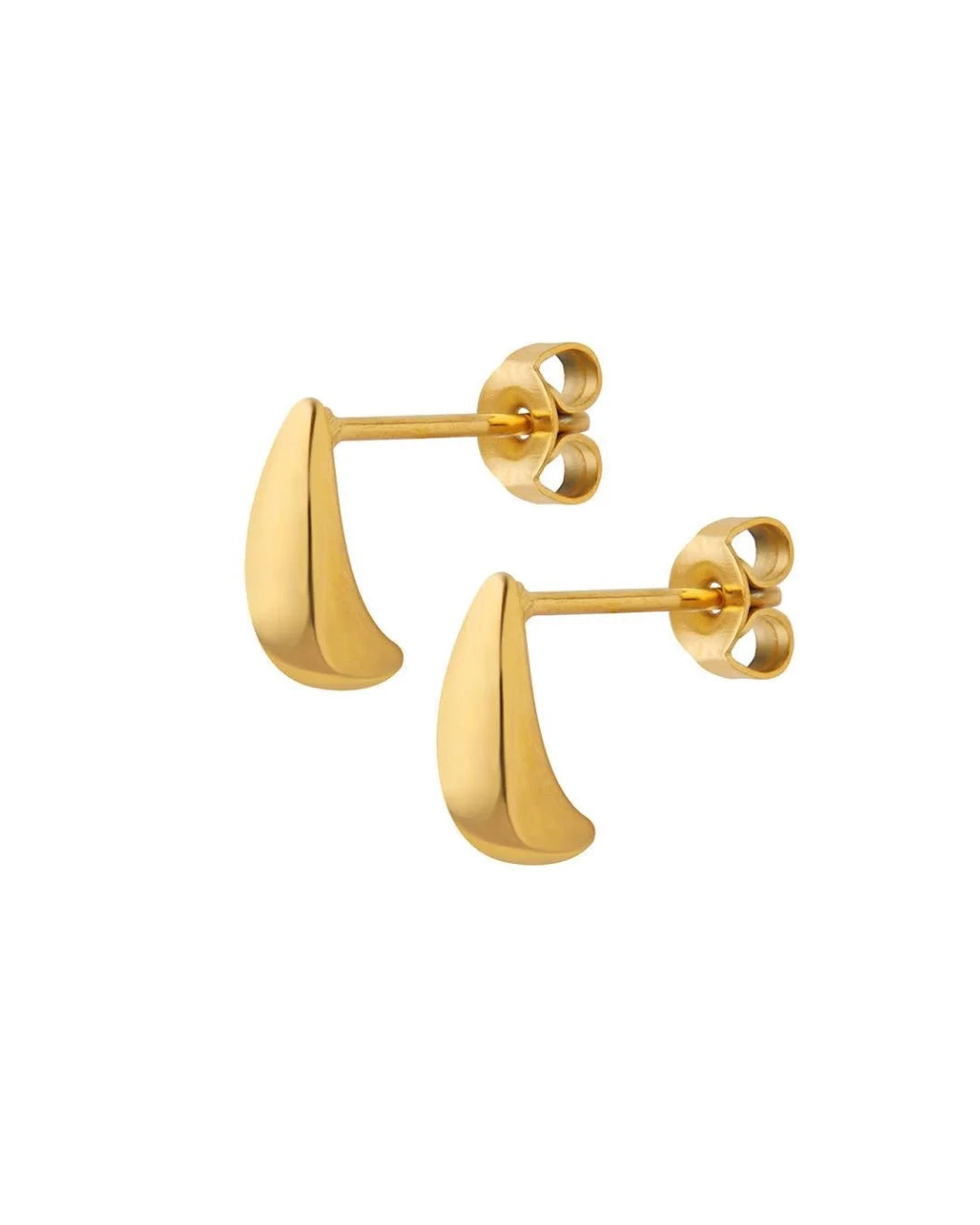 A pair of gold teardrop shaped stud earrings with polished surfaces and butterfly backings, shown on a plain white background.