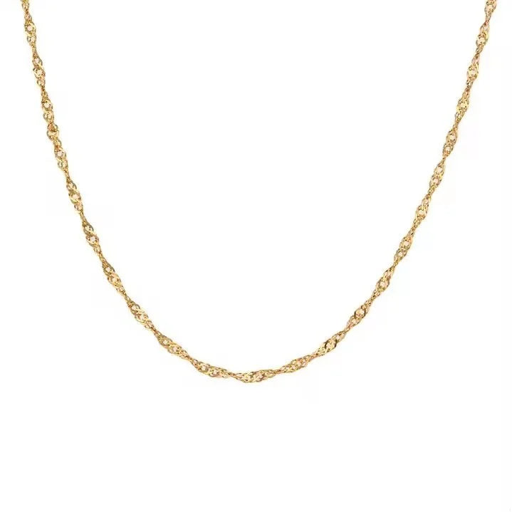 A delicate yellow gold chain necklace with a twisted rope design, displayed against a solid white background.