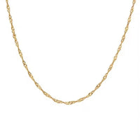 A delicate yellow gold chain necklace with a twisted rope design, displayed against a solid white background.