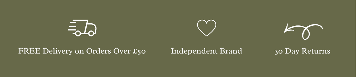 A dark olive green promotional graphic with four white line icons and text: a delivery truck symbol labeled 'FREE Delivery on Orders Over £50', a heart symbol labeled 'Independent Brand', and a curved arrow labeled '30 Day Returns'.