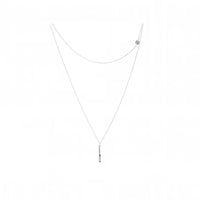 A delicate silver necklace featuring a long chain with a slim vertical bar pendant at the bottom and a small round disk detail on the upper right side, shown against a plain white background.