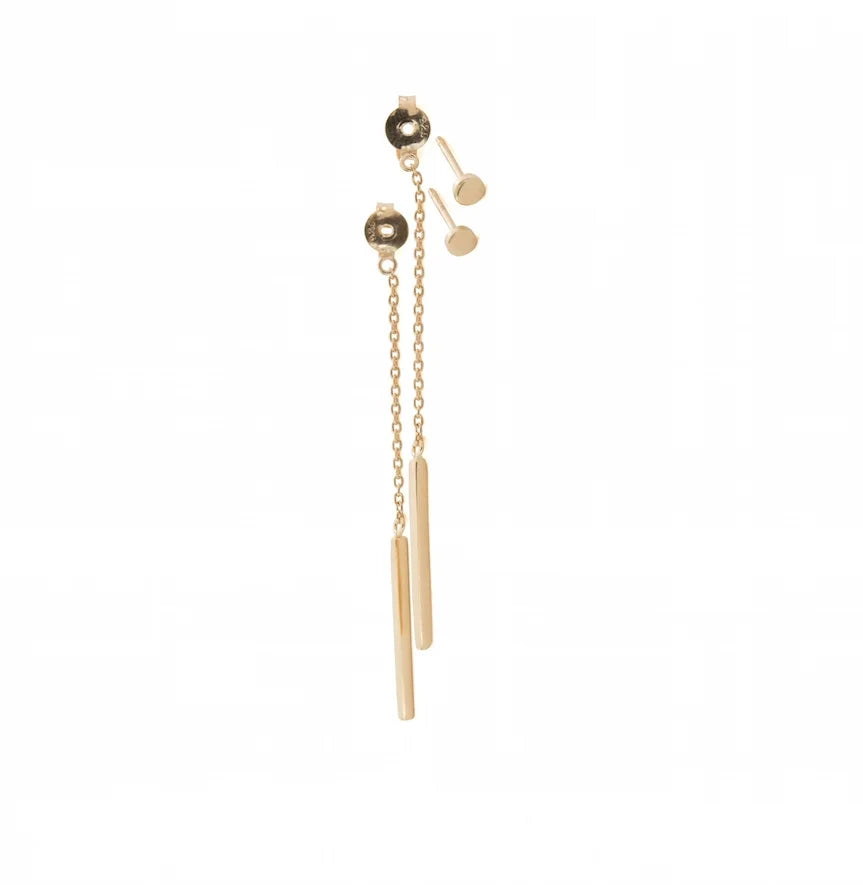 A pair of gold-toned dangle earrings with round studs delicate chains, and two elongated cylindrical drops, shown on a plain white background.
