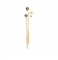 A pair of gold-toned dangle earrings with round studs delicate chains, and two elongated cylindrical drops, shown on a plain white background.