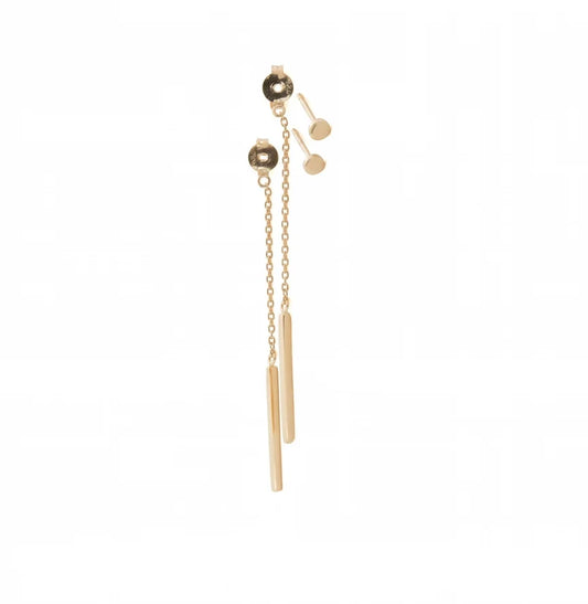 A pair of gold-toned dangle earrings with round studs delicate chains, and two elongated cylindrical drops, shown on a plain white background.