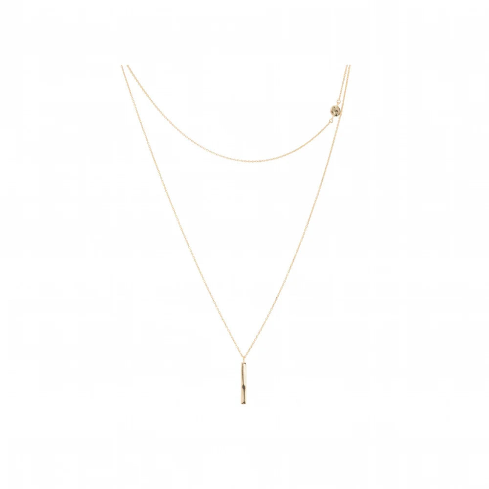 A delicate gold layered necklace featuring a fine chain with a small vertical bar pendant and a secondary chain with a small disk detail, displayed on a clean white background.