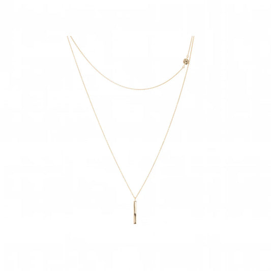 A delicate gold layered necklace featuring a fine chain with a small vertical bar pendant and a secondary chain with a small disk detail, displayed on a clean white background.