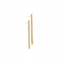 A pair of long, thin gold bar earrings with a textured finish and post backs, shown on a plain white background.