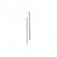 A pair of long, thin gold bar earrings with a textured finish and post backs, shown on a plain white background.