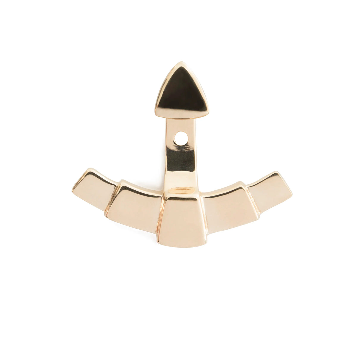 A polished gold fan ear pin with a art deco fanned design.  Shown on a solid white background.