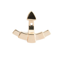 A polished gold fan ear pin with a art deco fanned design.  Shown on a solid white background.
