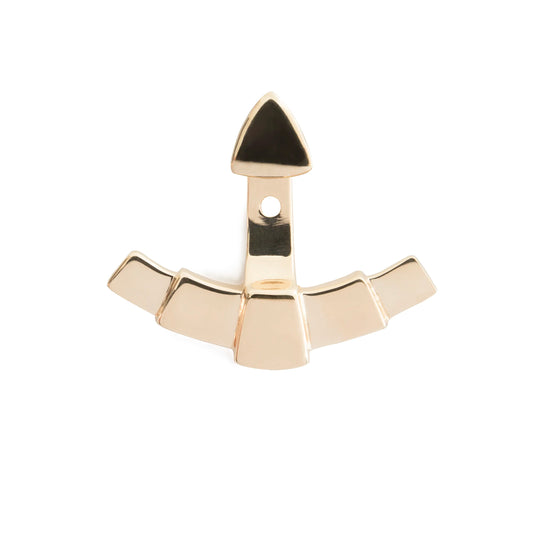 A polished gold fan ear pin with a art deco fanned design.  Shown on a solid white background.