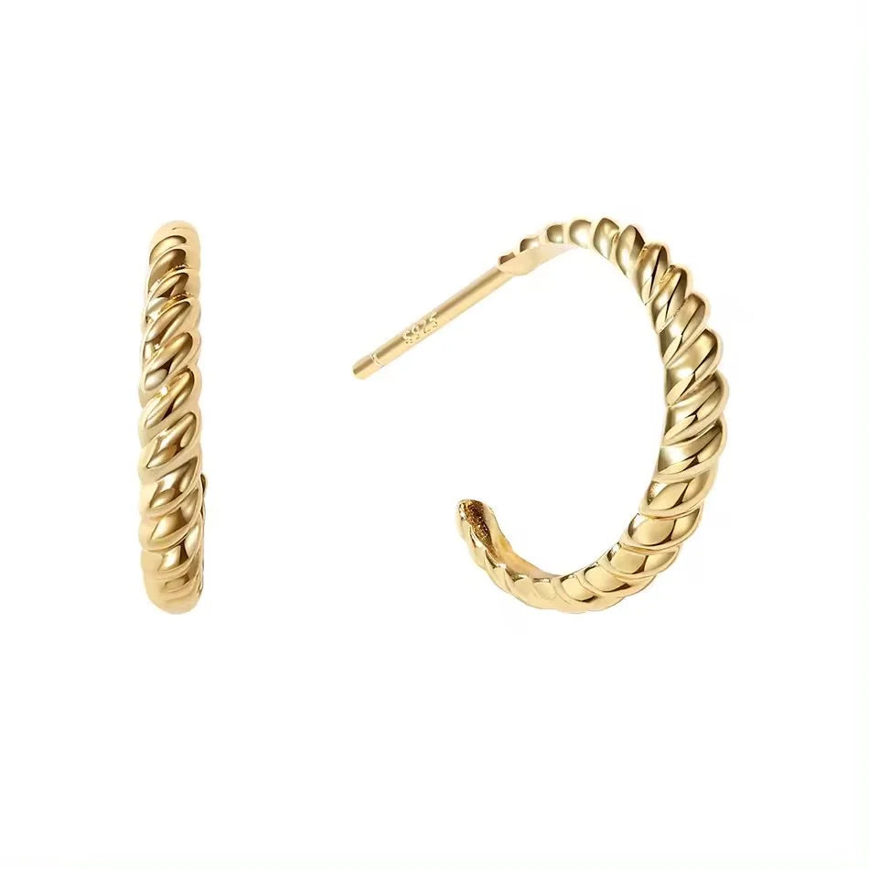 A pair of gold twisted hoop earrings, one shown from the front and the other from the side with a post visible, on a plain white background.